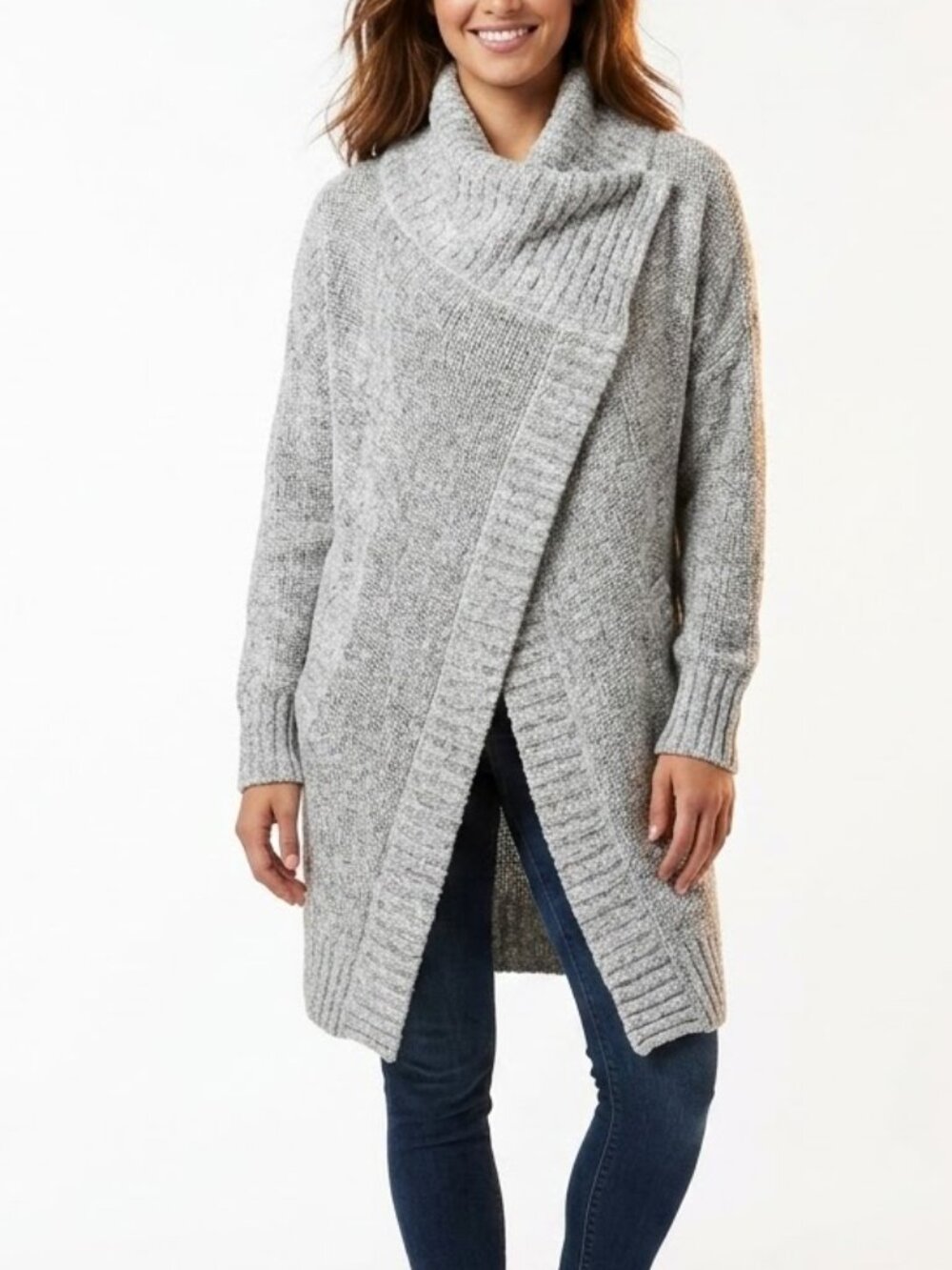 RDI Whimsigoth Asymmetric Cowl Neck Marled Gray Chunky Knit Cardigan Sweater PM